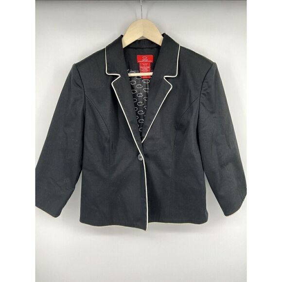 Oscar de la Renta Black Blazer with Cream Piping One Button Women's Size 10 - Picture 1 of 4